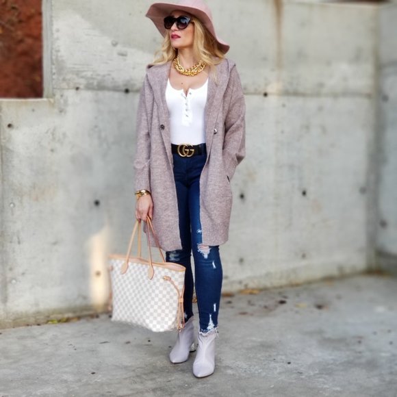 Mauve Open Front Knitted Cardigan with hoodie - Picture 4 of 9